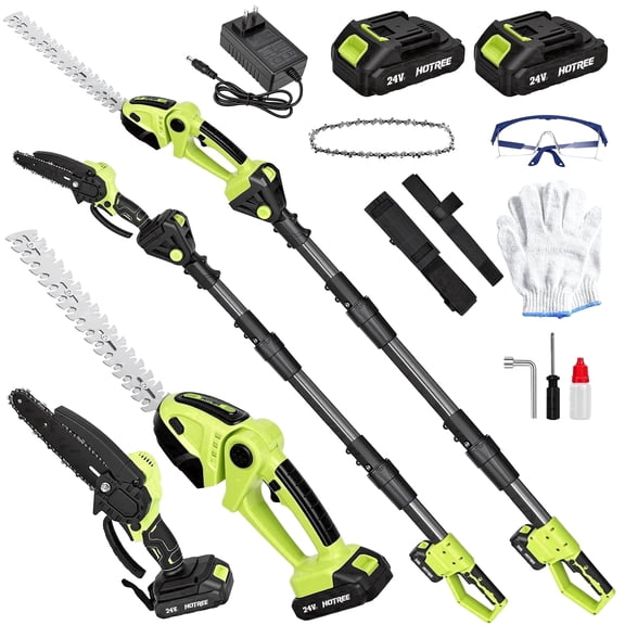 HOTREE 21V Cordless Pole Hedge Trimmer, 3-in-1 with 6 in Pole Saw & Branch Saw Attachment, 2.0Ah Battery & Charger, 16 ft Reach