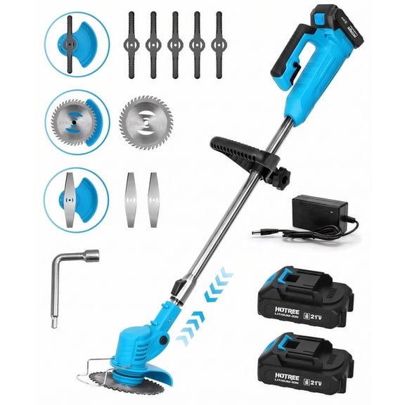 HOTREE 21V Cordless Electric Weed Eater & String Trimmer Edger, 2x 2.0Ah Batteries, 3 Blades & Adjustable Handle for Yard Care