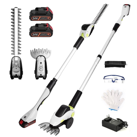 HOTREE 21V Cordless Pole Hedge Trimmer with 2 x 2.0Ah Batteries and Charger, 12ft Reach 3-in-1 Foldable Hedge Shrub Trimmer and Grass Shear ,Grey