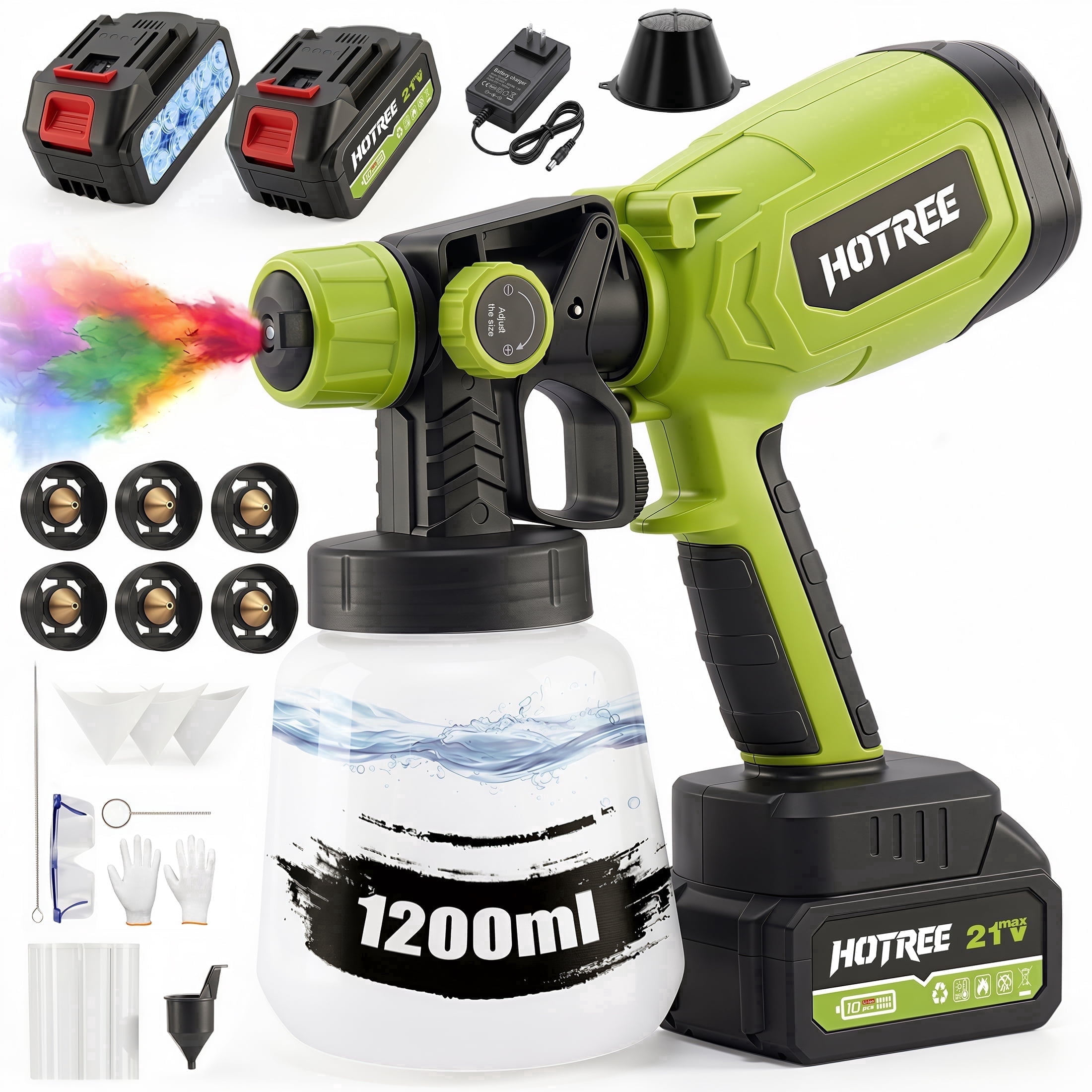 HOTREE 21V Cordless HVLP Paint Sprayer with 2 Batteries, 1000ml, 6 ...