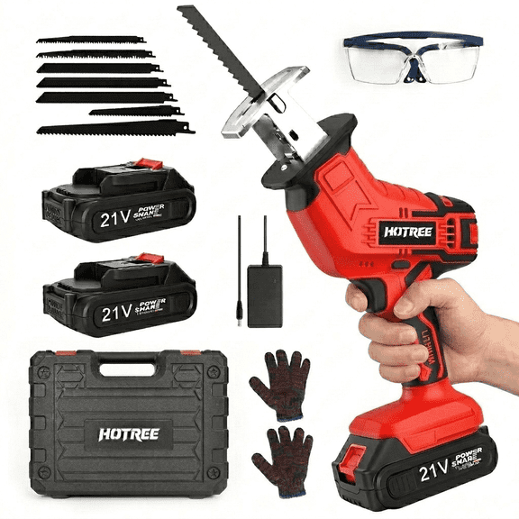 HOTREE Cordless Reciprocating Saw, Variable Speed, 2 x 2.0Ah Batteries, Blades Kit for Wood, Metal, PVC Cutting, Red