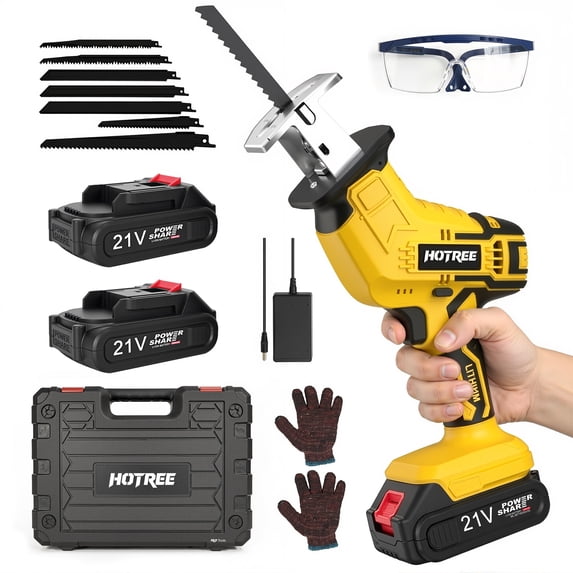 HOTREE Cordless Reciprocating Saw, Variable Speed, 2 x 2.0Ah Batteries, Blades Kit for Wood, Metal, PVC Cutting, Yellow