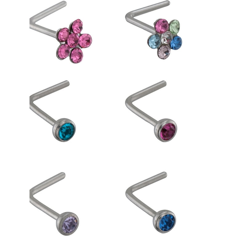 HOTSILVER Nose Studs Surgical Steel L Shapes with Bright Crystal Flowers Walmart