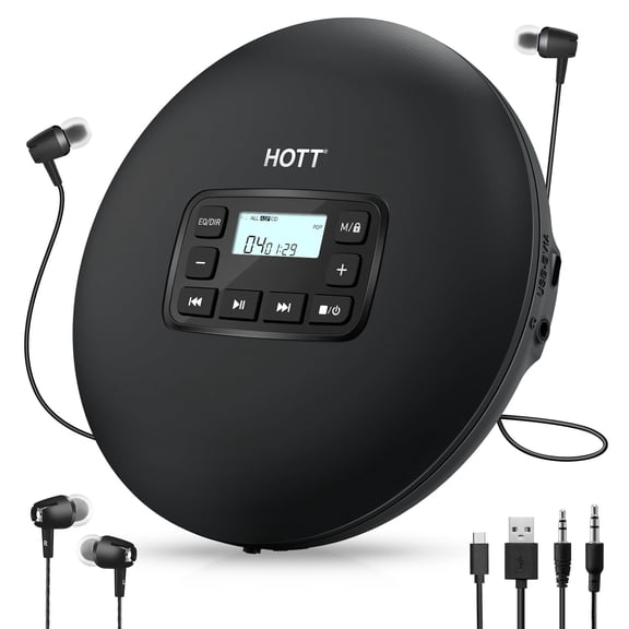 HOTT C204 Basic Portable CD Player with Anti-Skip Protection - AA Battery Powered, Compact CD Players MP3/CD-R Compatible, Built-in Headphones & AUX Output for Car, Home, Trave Multiple cd Players