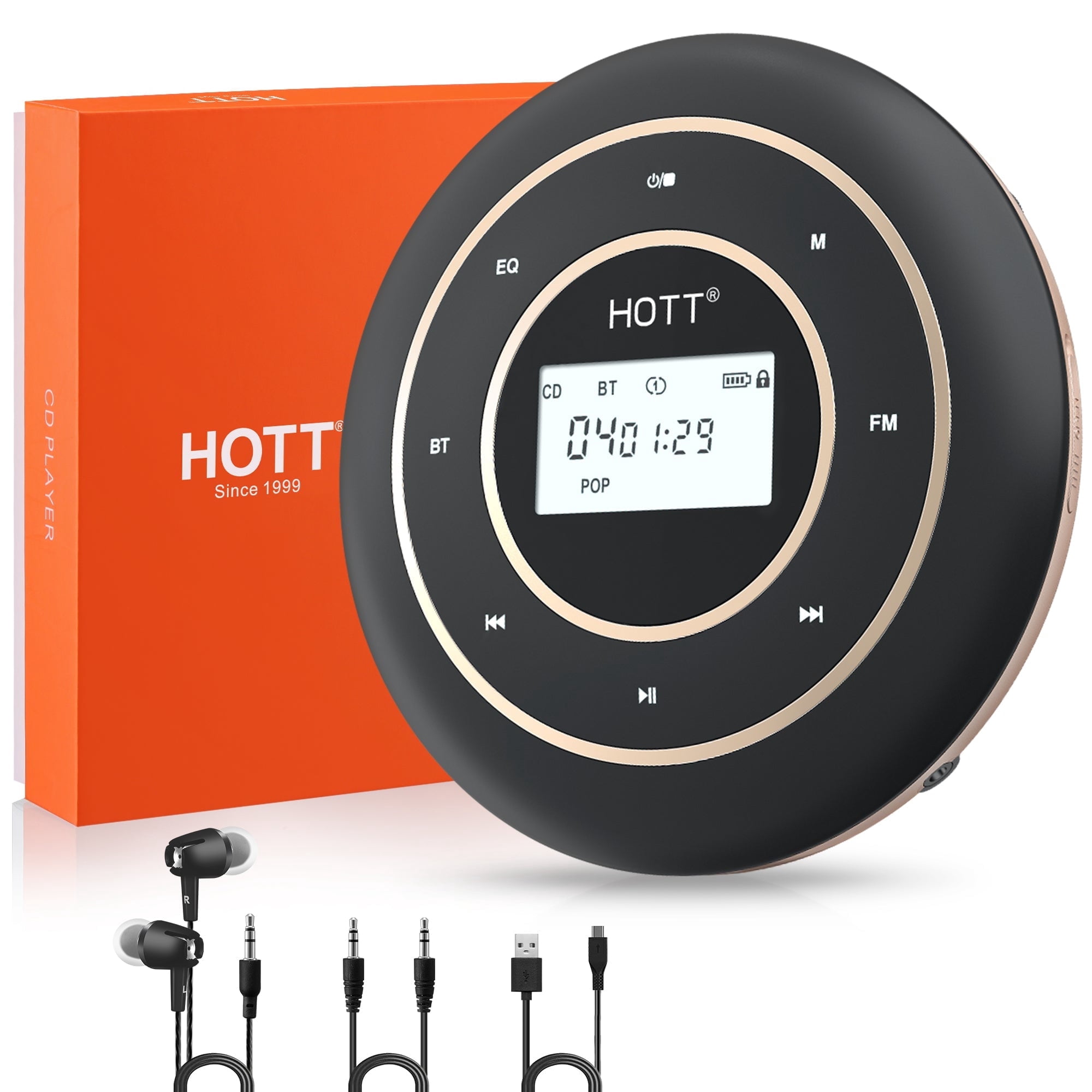 HOTT Portable CD Player with Bluetooth & FM Transmitter – Rechargeable Battery, Anti-Skip Technology, Backlit Touch Controls, AUX Input – Lightweight for Car & Travel (Black)