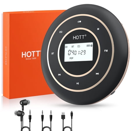 HOTT Portable CD Player with Bluetooth & FM Transmitter – Rechargeable Battery, Anti-Skip Technology, Backlit Touch Controls, AUX Input – Lightweight for Car & Travel (Black)