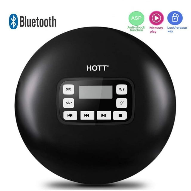 HOTT Portable CD Player with Bluetooth Personal Compact CD Player with Headphones/LCD Display/USB Power Adapter Portable Disc Player with Electronic Skip Protection and Anti-Shock Function Black