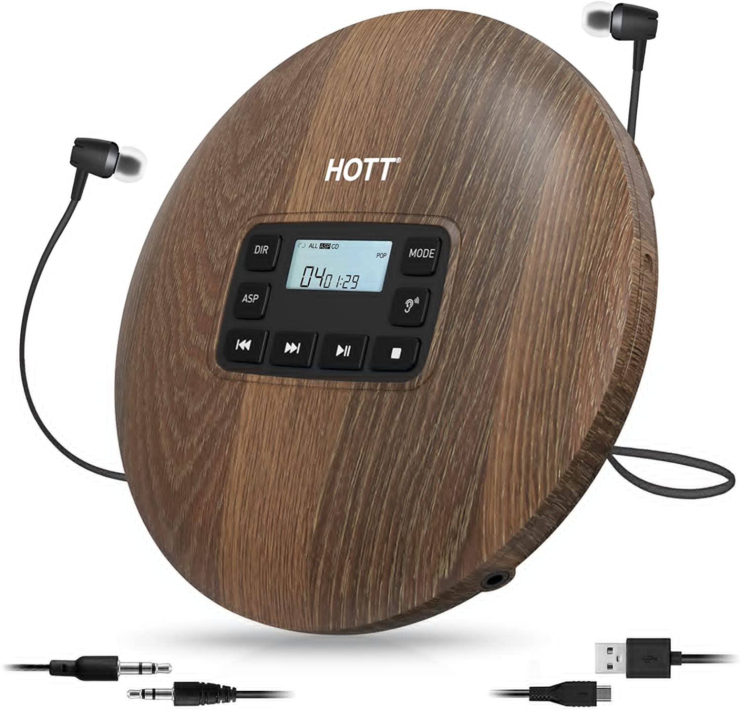 HOTT Portable CD Player CD611 Small Walkman CD Player with Stereo Headphones USB Cable LED Display Anti-Skip Anti-Shock Personal Compact Disc Music Player Wood - image 1 of 6