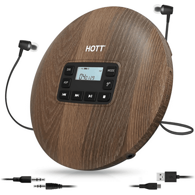 HOTT Portable CD Player CD611 Small Walkman CD Player with Stereo Headphones USB Cable LED Display Anti-Skip Anti-Shock Personal Compact Disc Music Player Wood