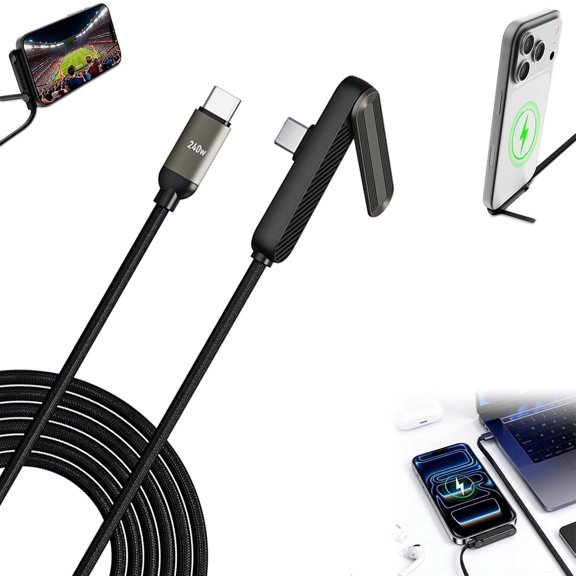 HOTU 240W Braided Fast Charge Cable with Built-in Phone Stand, 2026 New Foldable Durable USB-C Cord 90 Degree USB C Cable Right Angle Multi-Functional Charger Cord, Type-C to Type-C