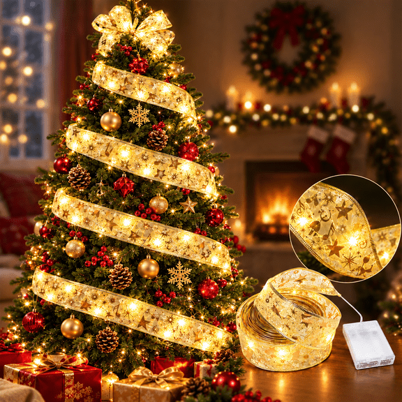 Gydom 33ft 100 LED Christmas Tree Ribbon Lights - Battery Operated Copper Wire String Lights with 8 Modes for Indoor Holiday Party Wedding Decorations (Warm White/Gold)
