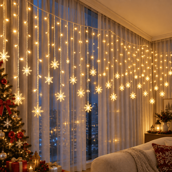 Christmas Snowflake Curtain Lights, 96 LED Warm White Window Curtain ...