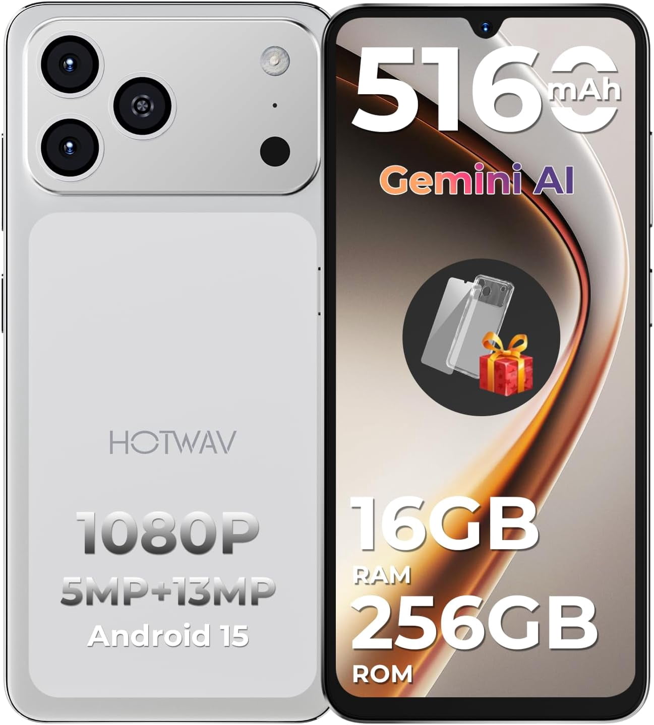 HOTWAV A17 Pro Max Mobile Phone 6.75 Inch HD , 16GB 256GB/1TB TF Android 15 Smartphone 5160 mAh Battery Quick Charge, Dual SIM 4G Mobile Phones,silver