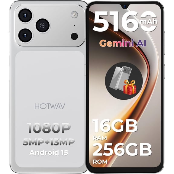 HOTWAV A17 Pro Max Mobile Phone 6.75 Inch HD , 16GB 256GB/1TB TF Android 15 Smartphone 5160 mAh Battery Quick Charge, Dual SIM 4G Mobile Phones,silver