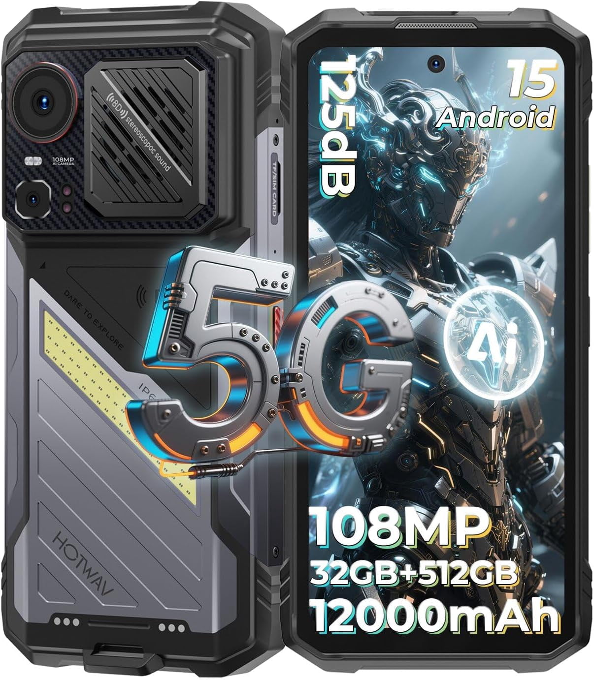 HOTWAV Hyper 8 Pro Outdoor Mobile Phone 5G, 32GB+512GB/2TB 12000mAh 55W Fast Charge, Android 15 6.8 Inch,Black