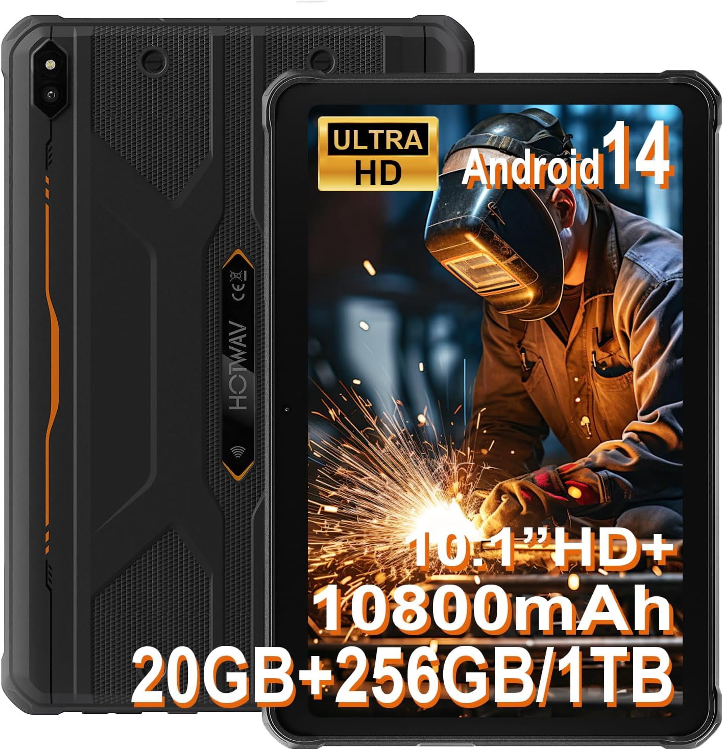 HOTWAV R10 Pro Rugged Tablet, 20GB 256GB/TF 1TB Android 14 Tablet, 10.1inch HD Waterproof Tablets, 10800mAh Battery