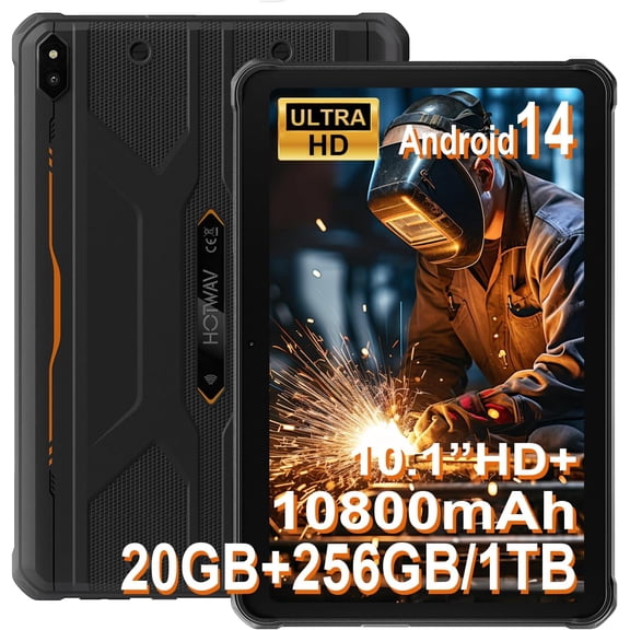 HOTWAV R10 Pro Rugged Tablet, 20GB 256GB/TF 1TB Android 14 Tablet, 10.1inch HD Waterproof Tablets, 10800mAh Battery