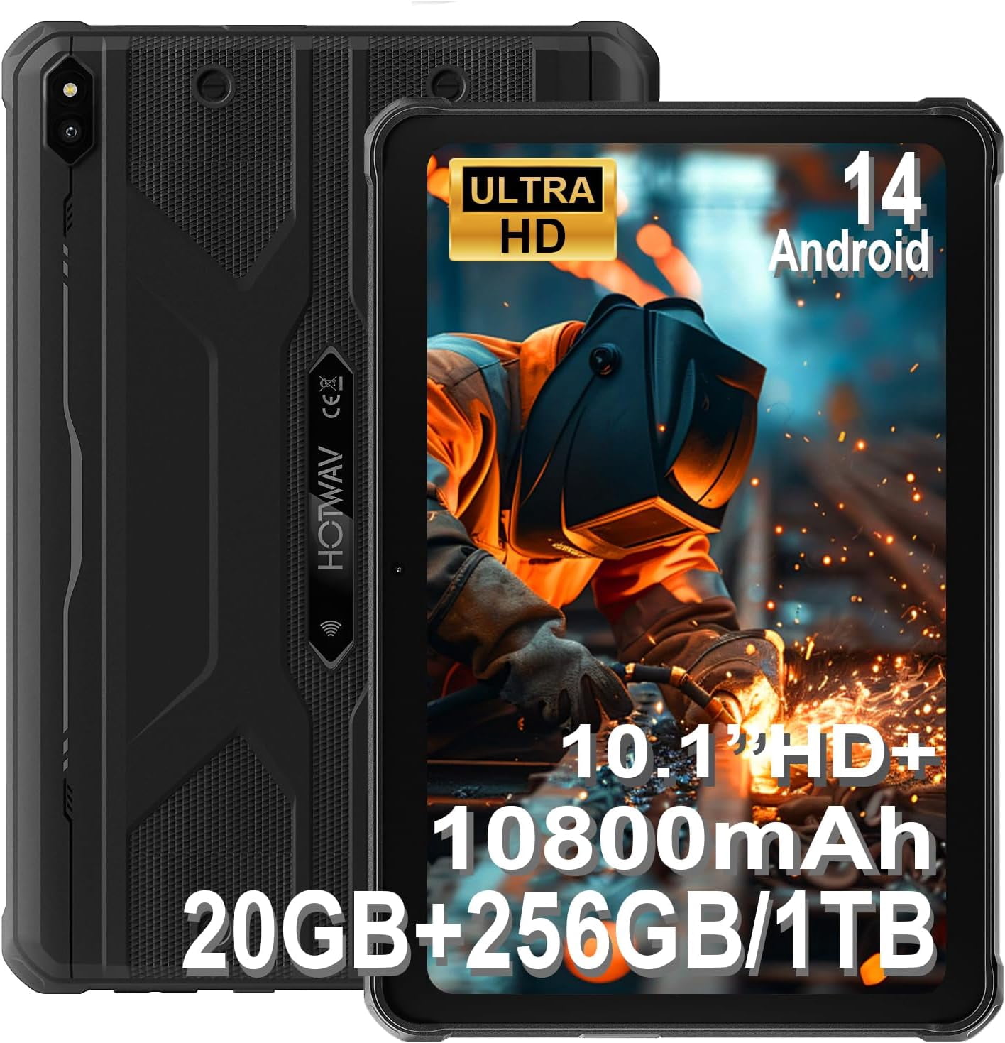HOTWAV R10 Pro Rugged Tablet, 20GB 256GB/TF 1TB Android 14 Tablet, 10.1inch HD Waterproof Tablets, 10800mAh Battery