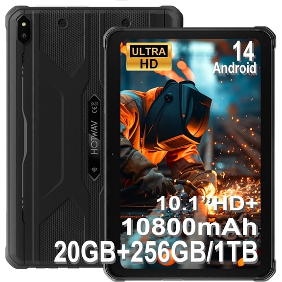HOTWAV R10 Pro Rugged Tablet, 20GB 256GB/TF 1TB Android 14 Tablet, 10.1inch HD Waterproof Tablets, 10800mAh Battery