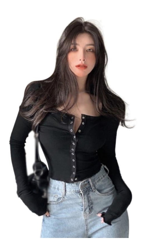 Womens Long Sleeve Tops V Neck Pullover T-Shirt with Buttons Ribbed Knit Basic Tee