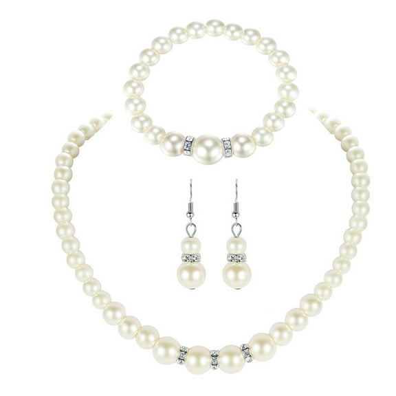 HOTYA Elegant White Faux Pearl Necklace Earrings and Bracelet Pearl Beaded Chain Drop Earrings Costume Jewelry Set for Women