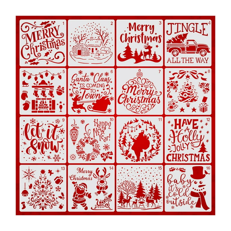 HOTYA Pack of 16 Christmas Drawing Template Stencils Reusable Anti-break Painting  Stencils for Painting on Wood Wall Glass 