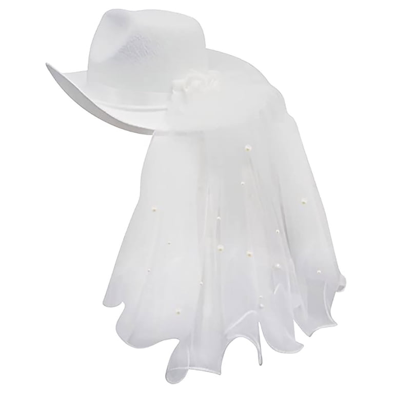 HOTYA White Bride Cowgirl Hat with Pearl Decor Veil Shinning  display picture 2