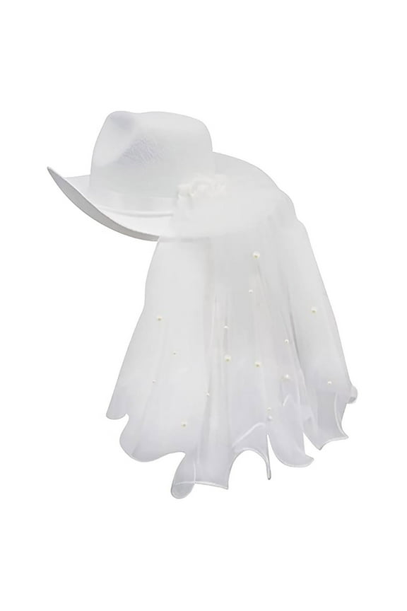 White Bride Cowgirl Hat with Pearl Decor Veil Shinning Bride Wedding Decor