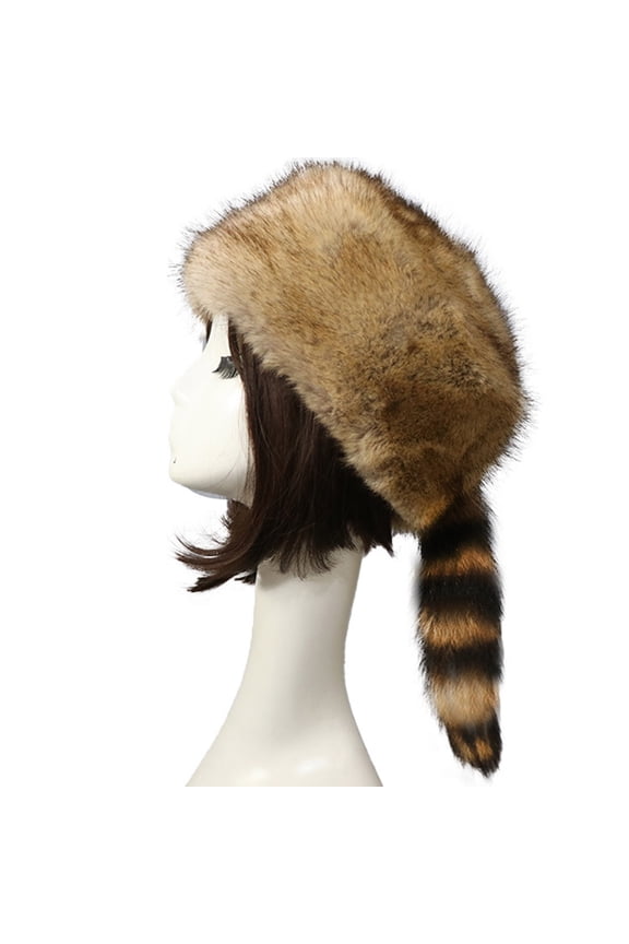 Winter Hat Faux Fur Raccoon Tail Russian Round Flat Top Ear Protects Thick Hat