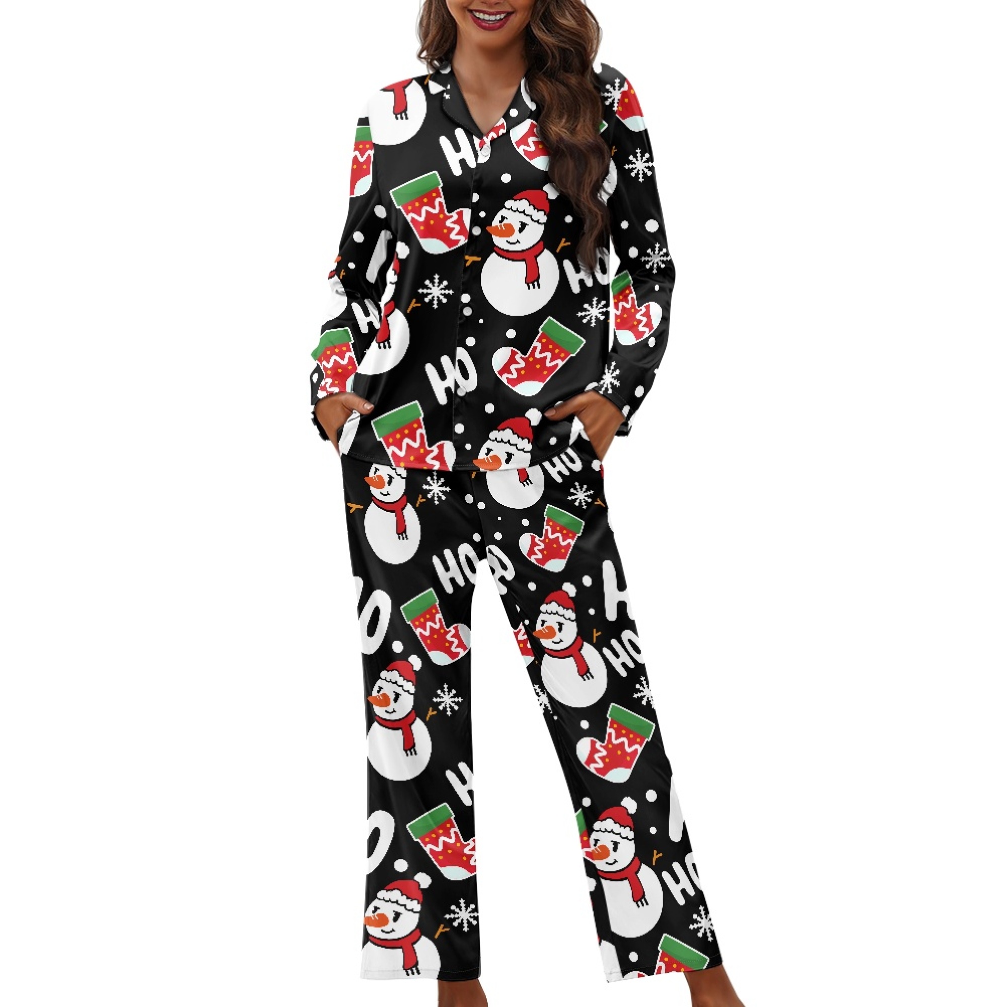 HOTYD Christmas Print Button Up Pajamas for Women Postpartum 2Piece