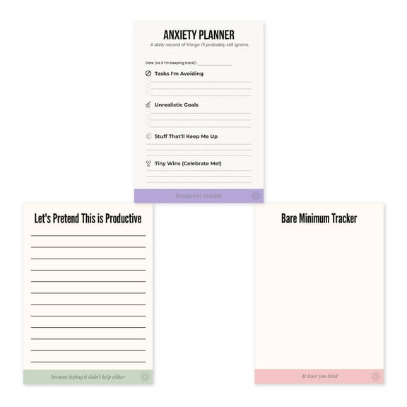 HOTZ Funny Notepad Gift Set, 3-Pack (5x7 in, 50 Sheets Each)  Anxiety Planner, Productivity Pad, Bare Minimum Tracker  Office Humor, Coworker Gag Gift