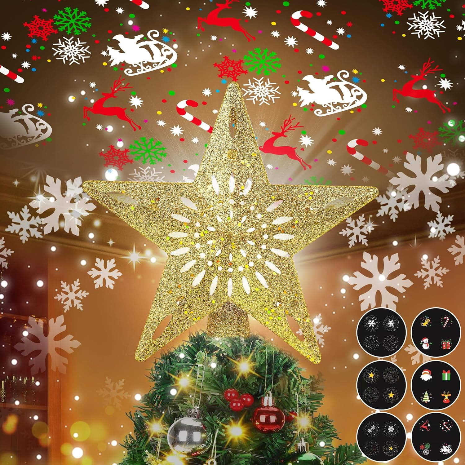 Gold 3D Glitter Christmas Tree Topper with LED Projection