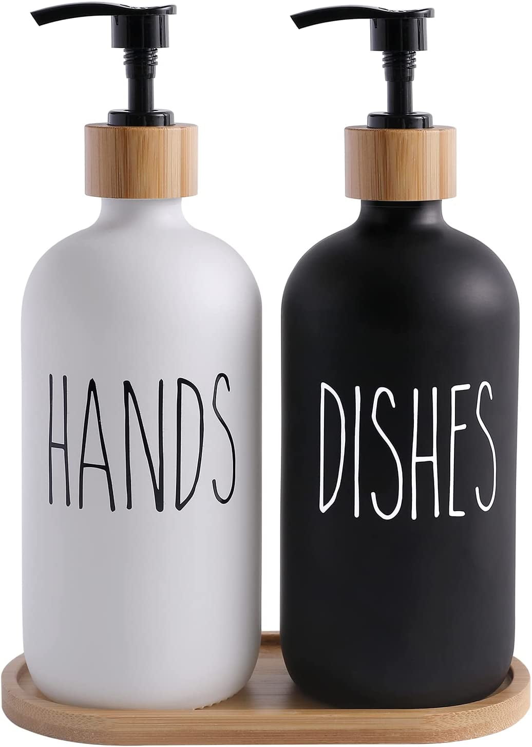 HOUFIY Glass Soap Dispenser Set with Bamboo Tray, Hand & Dish Soap