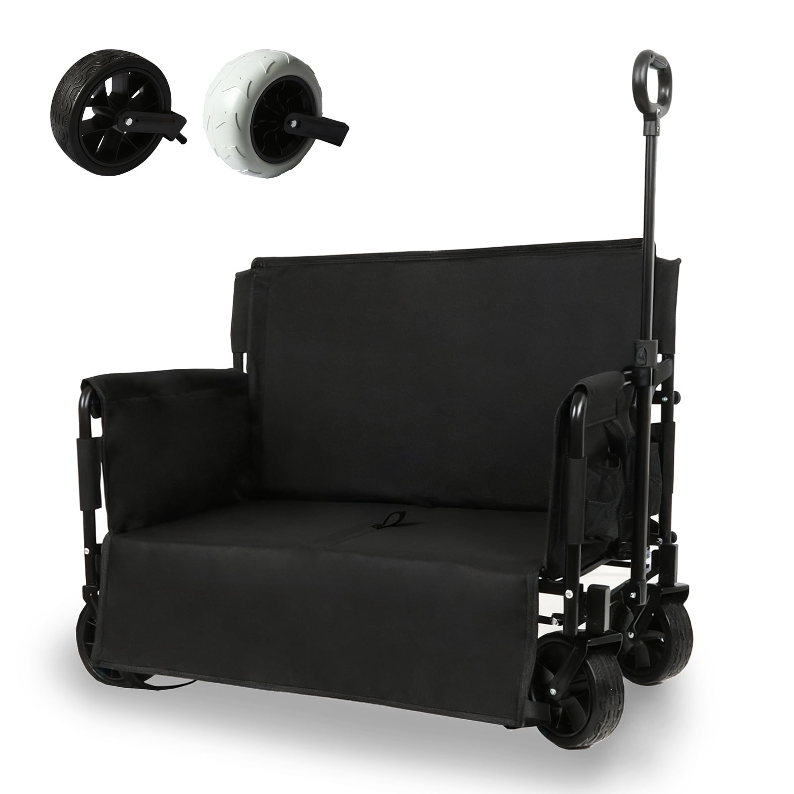 HOUGEET 2-in-1 Foldable Beach Wagon Chair, Heavy Duty Wagon Cart with 7'' All-Terrain Wheels, Convertible Wagons Carts Bench Seat for Adults, Camping & Outdoor Use (Black)