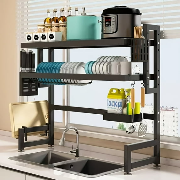 HOUGEET Dish Rack for Sink Area W/not Cover, Large Dish Drying Rack, 3-Tier Metal Kitchen Organizer with Cover for Plates, Glasses, Bowls & Utensils
