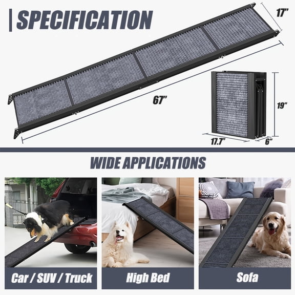 HOUGEET Dog Ramp for Car, 67" Foldable Portable Dog Ramps for Trucks with Non-Slip Rug Surface, Dog Car Ramp up to 250LBS (67" L x 17" W)