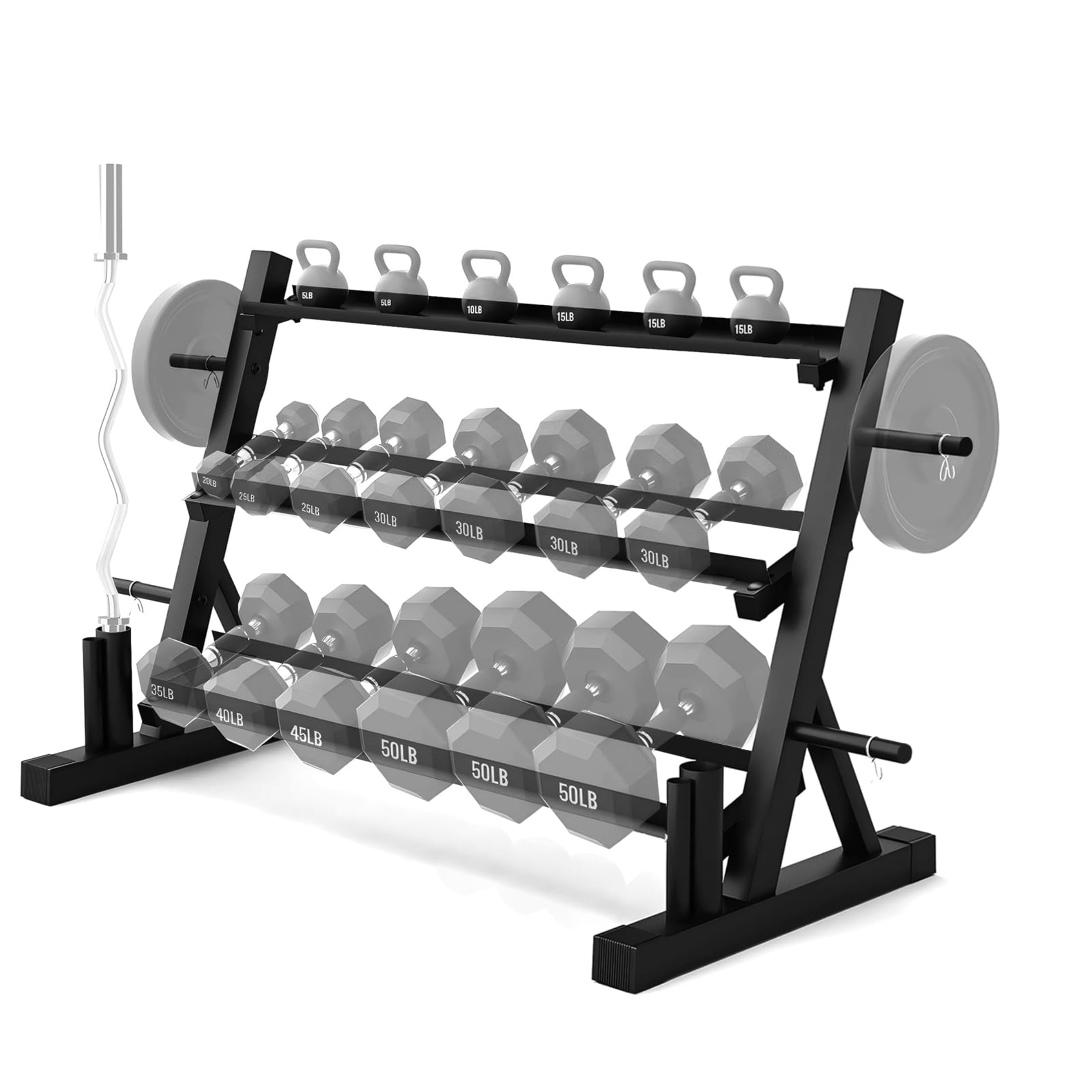 HOUGEET Dumbbell Rack – 3 Tier Adjustable Weight Storage Stand with Side Barbell Plate Holder – Multi Purpose Home Gym Organizer for Dumbbells