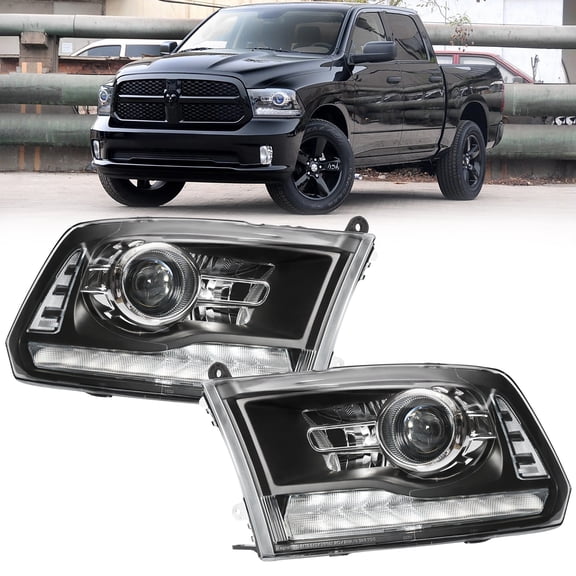 HOUGEET Fits for 2013-2018 Dodge Ram 1500 2500 3500 Black Projector Headlights W/ LED DRL
