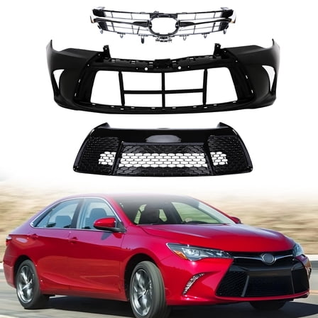 HOUGEET Front Bumper Cover+Upper Lower Grille Fit for Toyota Camry 2015-2017 3-Pack