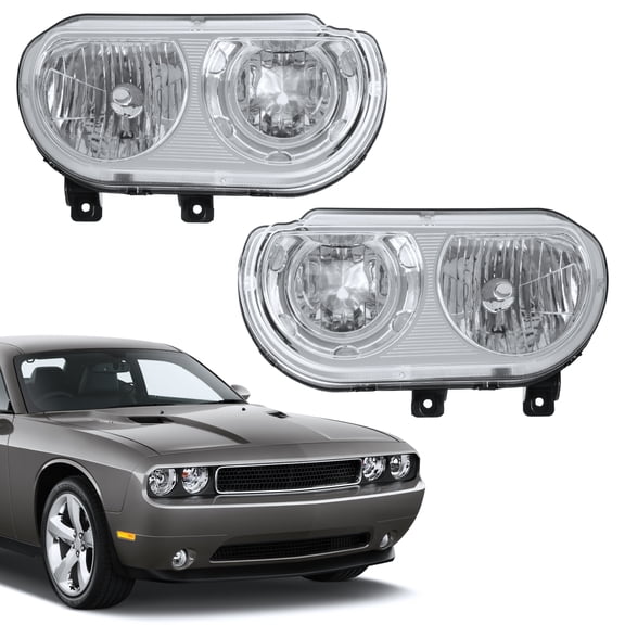 HOUGEET Headlights Assembly Fit for Dodge Challenger 2008-2014 (Chrome Housing, Clear Reflector) Driver Side and Passenger Side