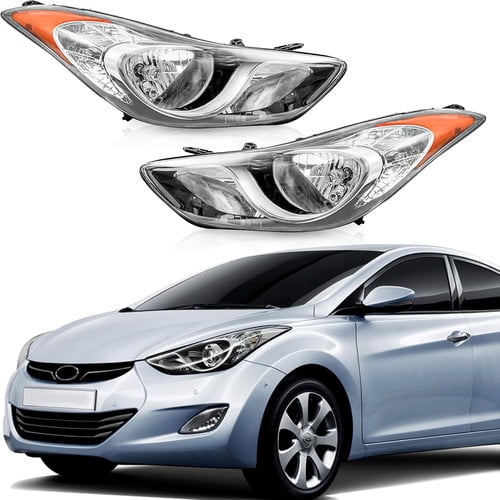 HOUGEET Headlights Assembly Pair Compatible with 2011-2013 Hyundai Elantra Headlamps Repalcement Halogen Clear Lens (Chrome Housing)