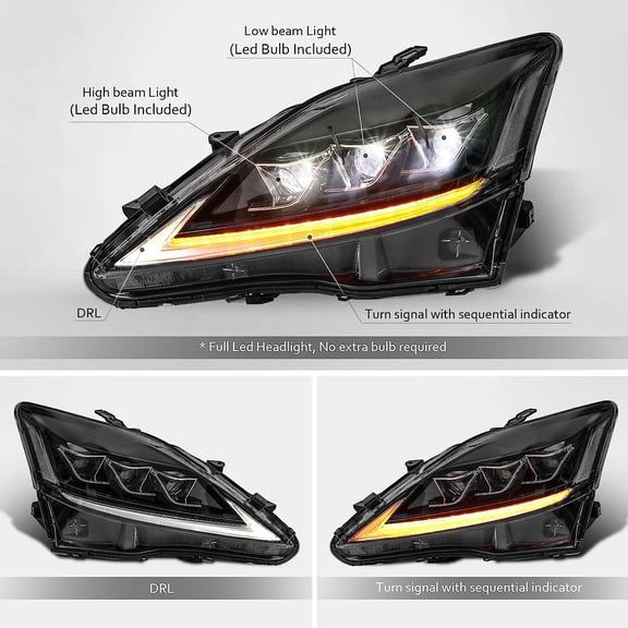 HOUGEET Headlights Assembly for 2006-2013 Lexus IS250 IS350 LED DRL Signal Projector (Left Drive Side)