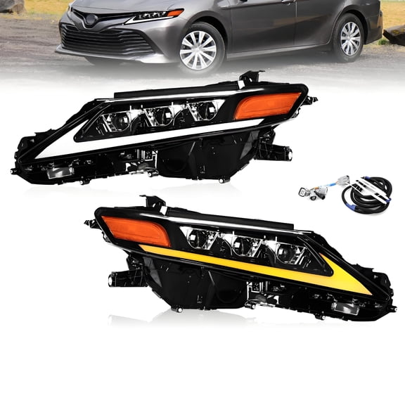 HOUGEET Headlights Fit for 2018-2024 Toyota Camry Full LED Style, Left and Right Side Triple Beam Headlamp, with LED/DRL Lights, Turn Signal Lights