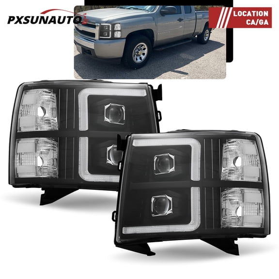 HOUGEET for 2007-2013 Chevy Silverado 1500 2500 3500 HD Black Frame White Reflector Headlights with LED DRL