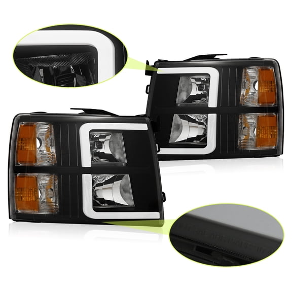 HOUGEET for 2007-2013 Chevy Silverado 1500 2500 HD Black Housing Headlights LED DRL Tube