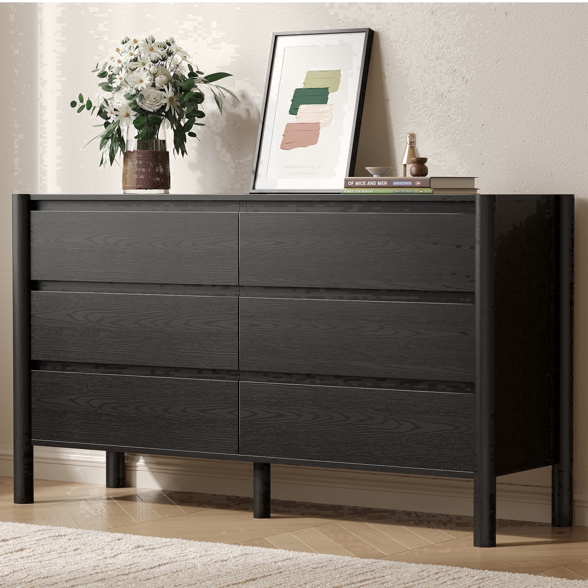 HOUROM Dresser for Bedroom,6-Drawers,47" Wide Farmhouse Large Dressers & Chest,4 Solid Wood Legs,TV Stand, Storage Organizer Furniture for Bedroom(Black)
