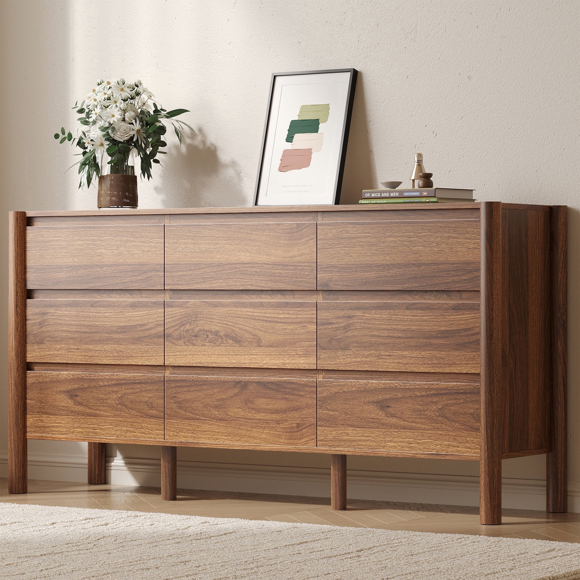 HOUROM Dresser for Bedroom,9-Drawers,63" Wide Farmhouse Large Dressers & Chest,4 Solid Wood Legs,TV Stand, Storage Organizer Furniture for Bedroom(Brown)