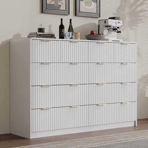 HOUROM Fluted Dresser for Bedroom, 10 Drawers Dresser, 55" Wide Modern Chest of Drawers with Metal Handle, White