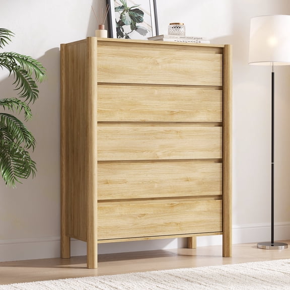 HOUROM Tall 5-Drawers Dresser for Bedroom,45" H Farmhouse Large Dressers & Chest with 4 Solid Wood Legs,Storage Organizer Furniture for Bedroom(Beige)