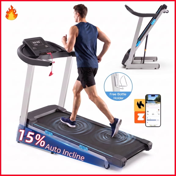 HOURUN Folding Treadmill with 15% Auto Incline, 4HP Quiet Motor Treadmill, 400lbs Capacity, Shock Absorption Home Running Machine
